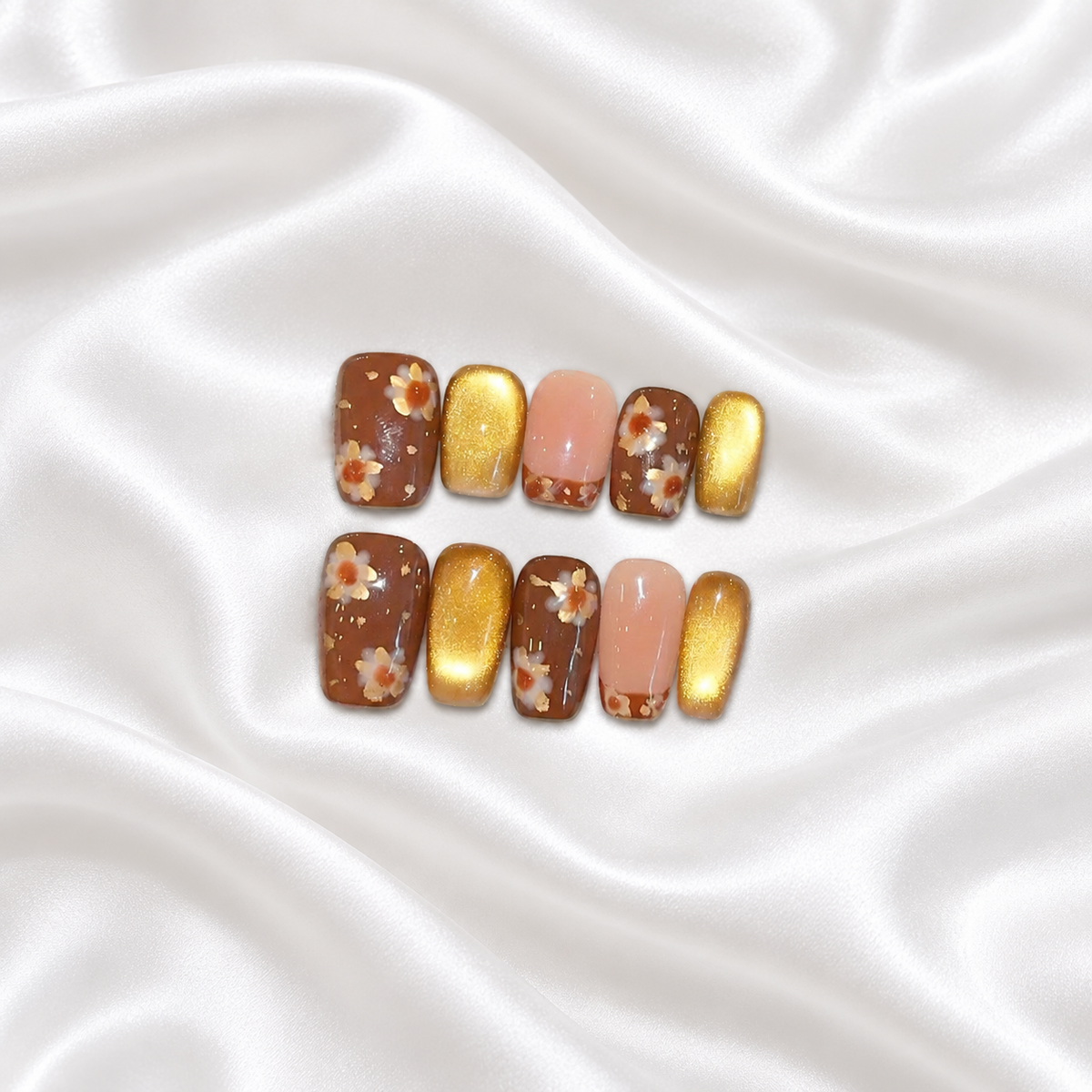 Amber Floral gold cat eye floral press-on nails