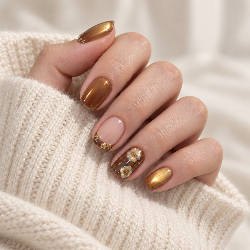 Amber Floral gold cat eye floral press-on nails, view 2