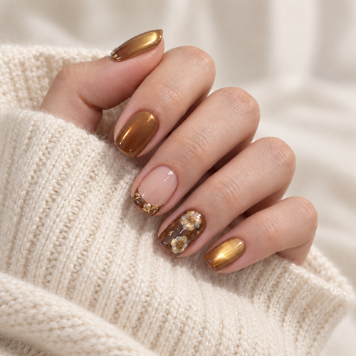 Amber Floral gold cat eye floral press-on nails, view 2