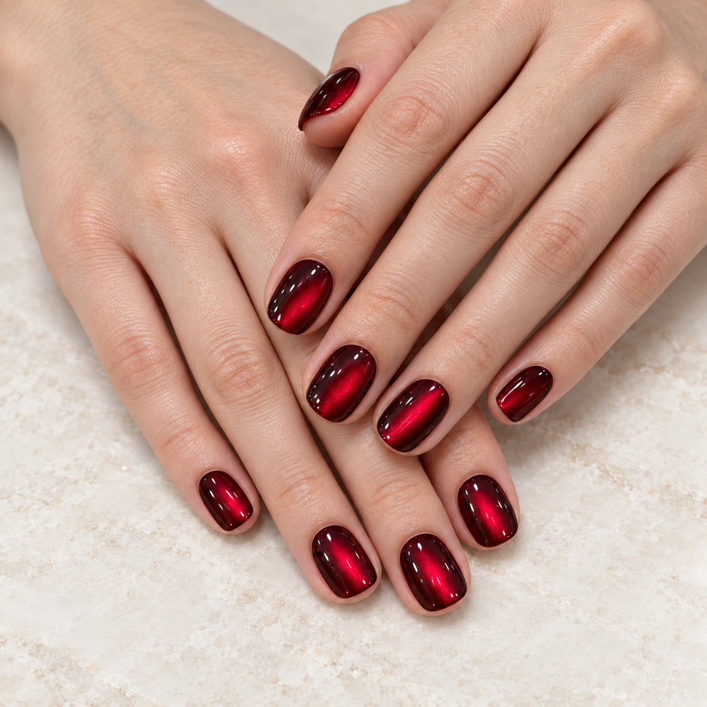 Black Cherry burgundy cat eye press-on nails, view 2