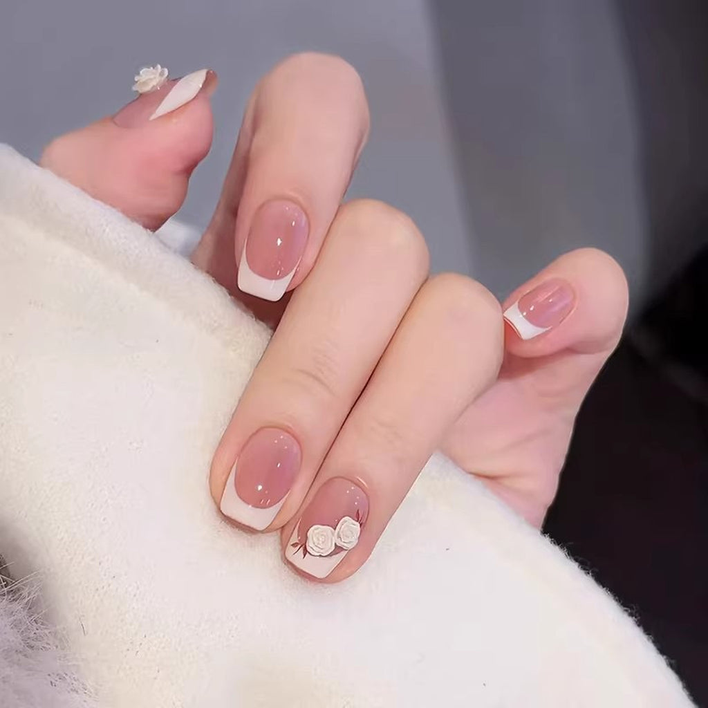 Blush Rosette pink French tip 3D flower press-on nails