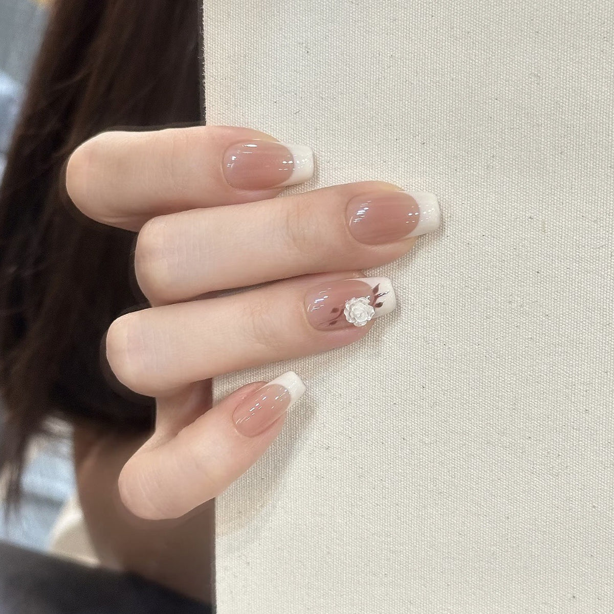 Blush Rosette pink French tip 3D flower press-on nails, view 2