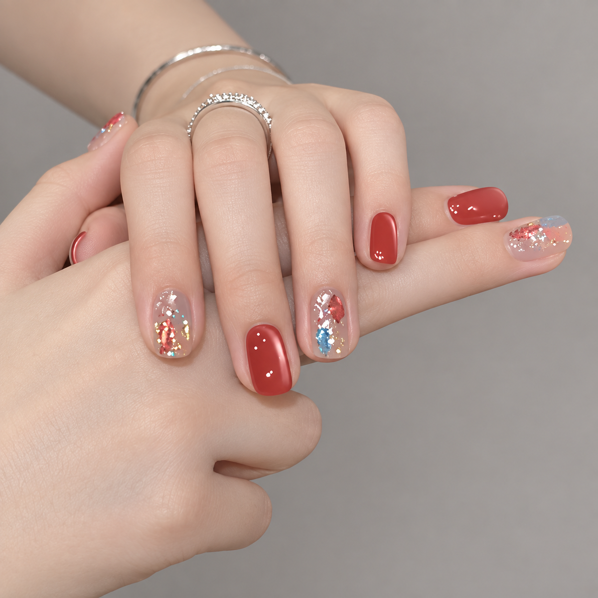 Cherry Foil red glitter foil press-on nails