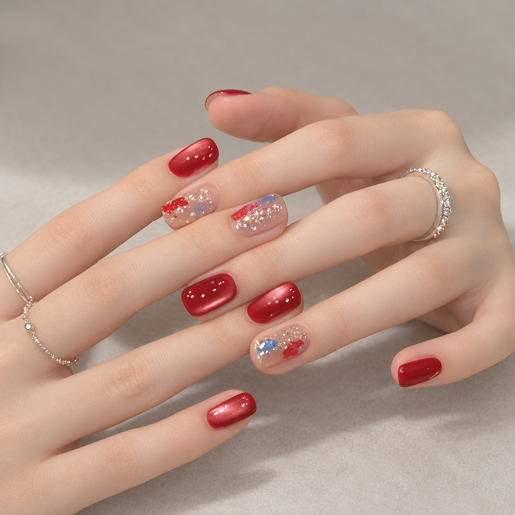 Cherry Foil red glitter foil press-on nails, view 2
