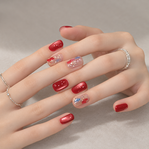 Cherry Foil red glitter foil press-on nails, view 2