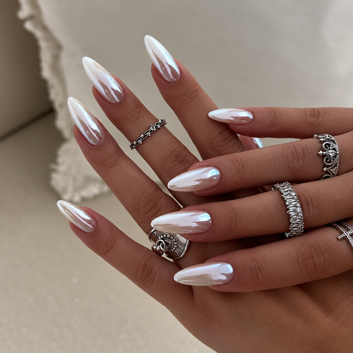 Cloud Pearl white glazed donut chrome long almond press-on nails