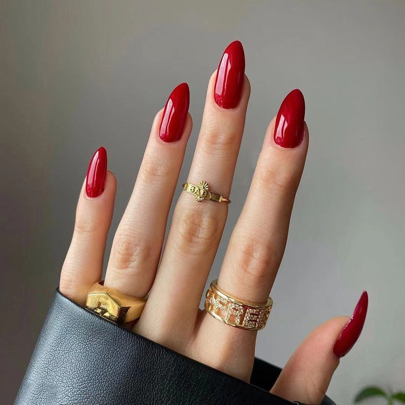 Gloss Edit cherry red solid colour almond press-on nails