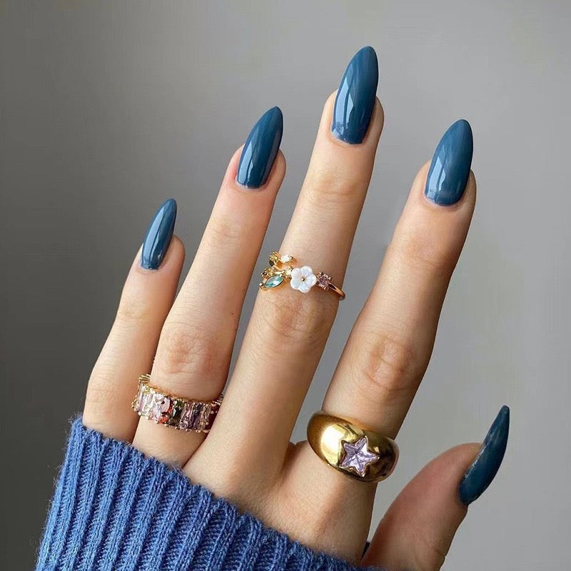 Gloss Edit denim blue solid colour almond press-on nails