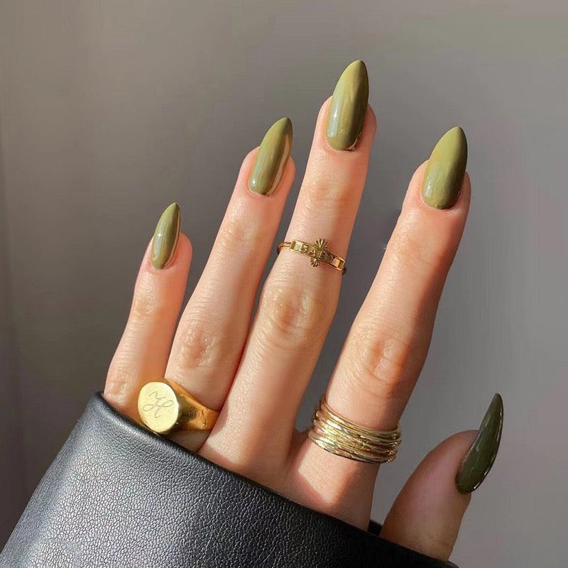 Gloss Edit olive green solid colour almond press-on nails