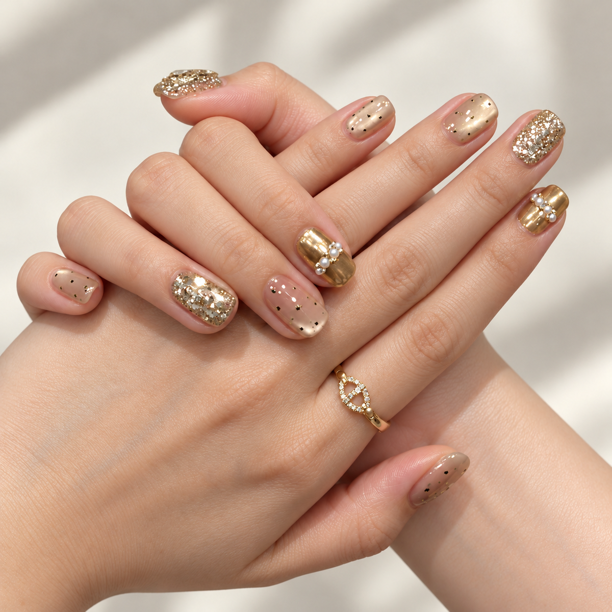 Gold Dust gold chrome rhinestone press-on nails
