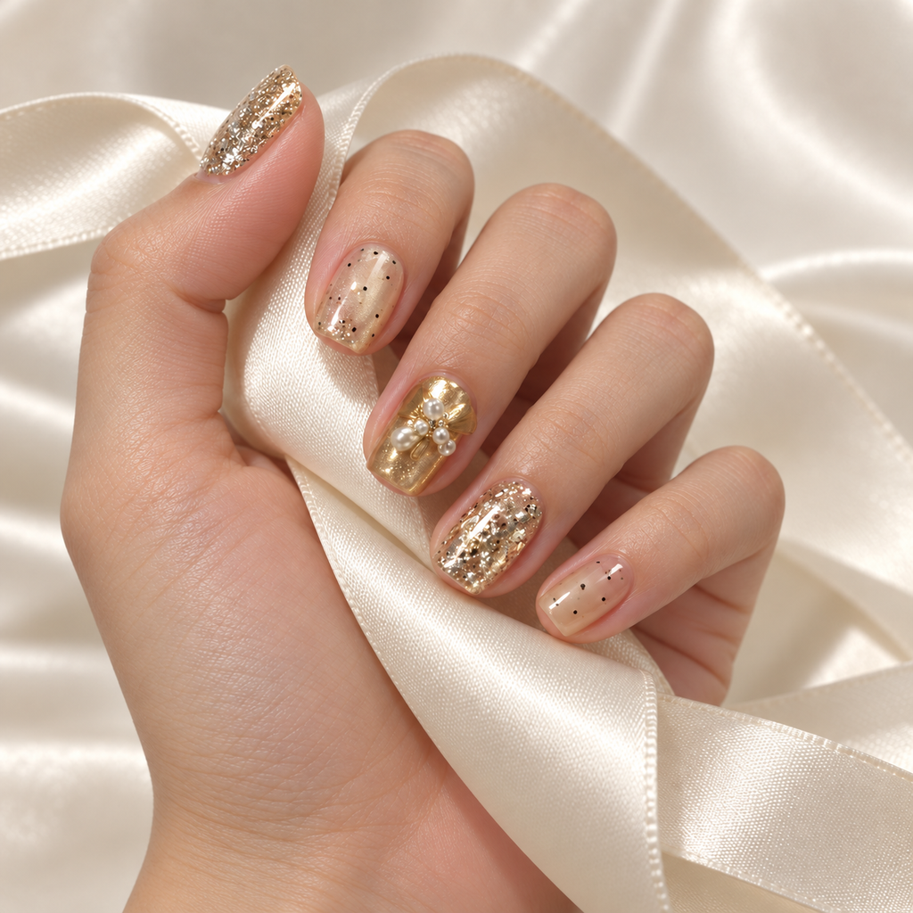 Gold Dust gold chrome rhinestone press-on nails, view 2