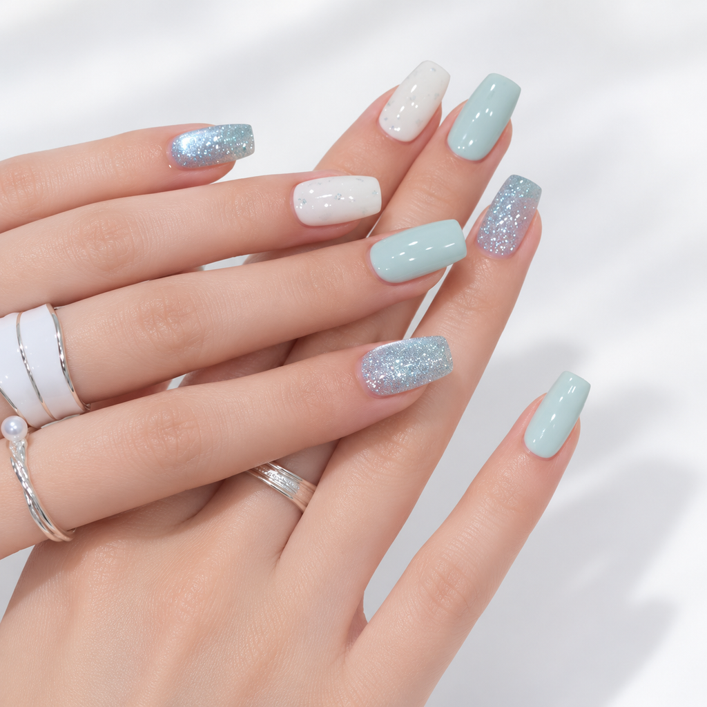 Mint Sorbet mint green glitter short square press-on nails, view 2