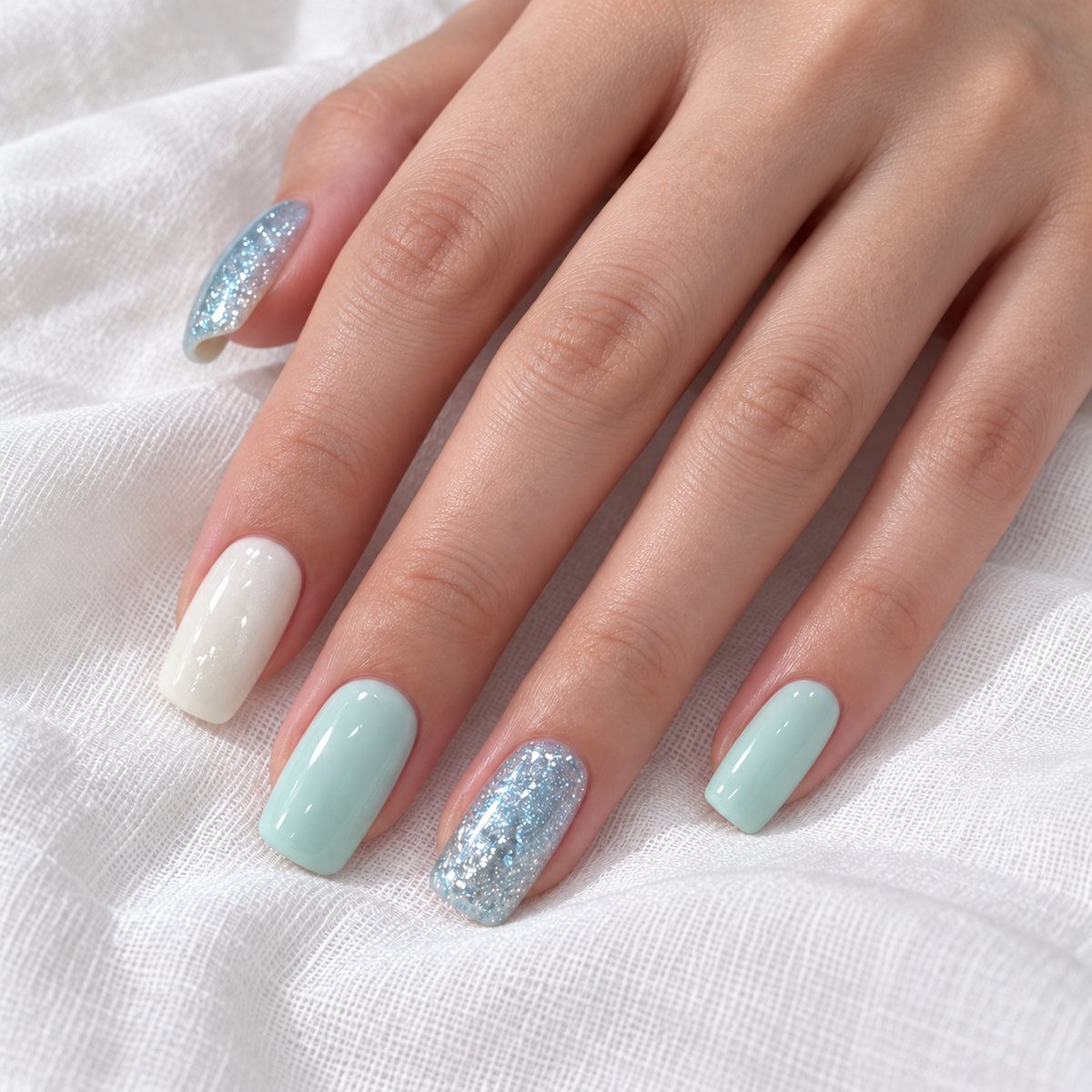 Mint Sorbet mint green glitter short square press-on nails, view 3