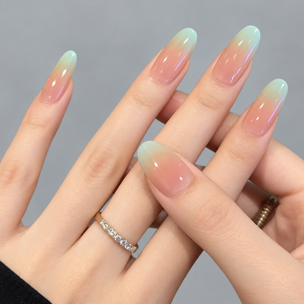 Sea Glass peach and mint ombre press-on nails