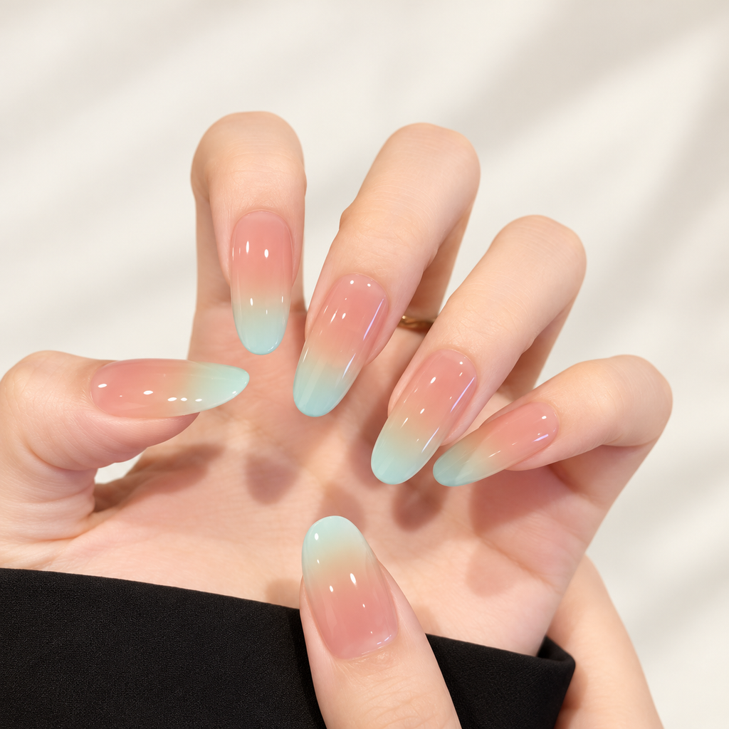 Sea Glass peach and mint ombre press-on nails, view 2