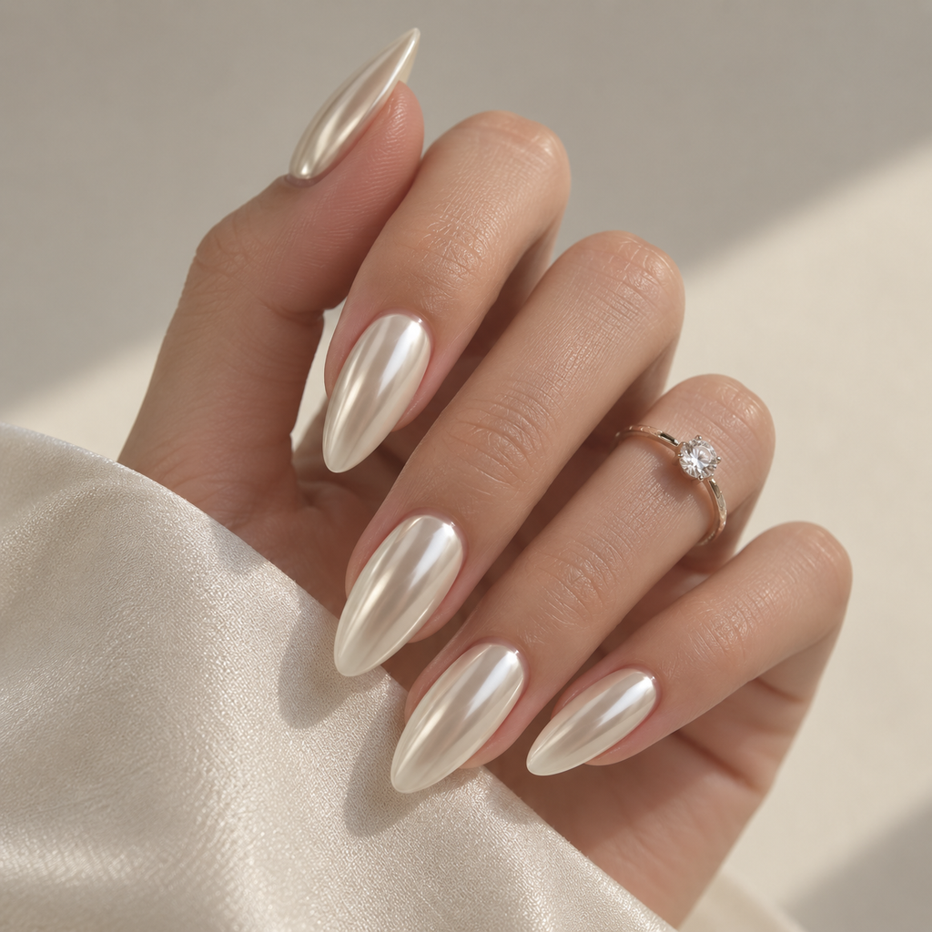 Vanilla Pearl champagne pearl chrome press-on nails, view 2